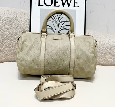 Gucci Guccissima Off-White Gold Mini Leather Boston Satchel Handbag