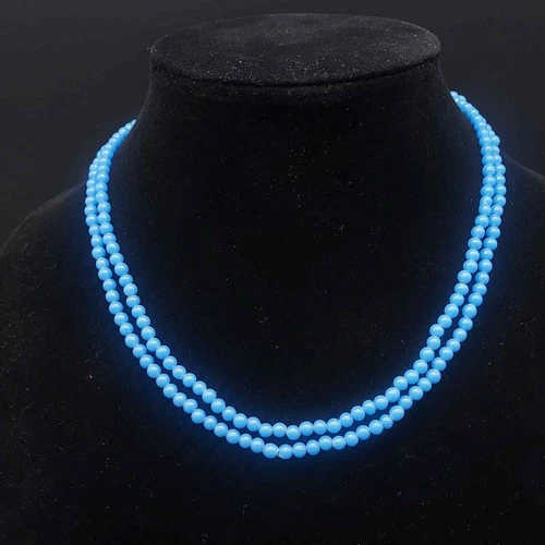 Vintage Glass Beaded Necklace LONG Blue 3 MM Beads Costume Jewelry