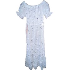 White With Blue Floral Pattern Long Light Dress Small