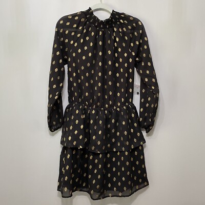 Her Destiny Womens Dress Black Metallic Gold Dots Dress Smocked Drop Waist Small
