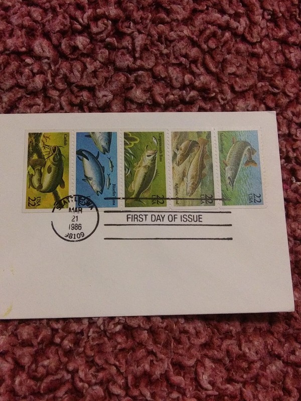 SIX 22 CENT BASS FIRST DAY COVERS MARCH 21, 1986. 0NE BLOCK, 5 SINGLE STAMP SET