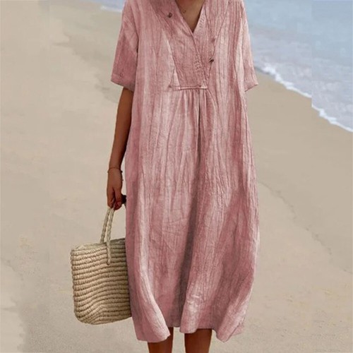 Womens Cotton Casual V-Neck Midi Dress Short Sleeved Loose Fitting Long Skirt - Picture 12 of 19