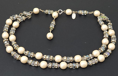 Vintage Miriam Haskell  Pearl White Crystal Rhinestone  Statement Necklace 17''