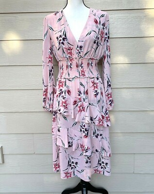 Free Press Clothing - V Neck Smocked Waist Ruffle Floral Chiffon Dress- Medium