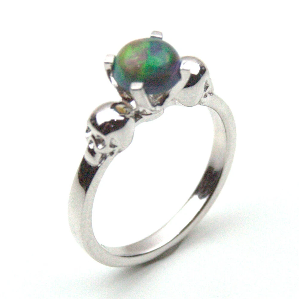 Skull Ring Black Opal Solid Silver 6mm Natural Black Opal 4 Claw Hand Crafted