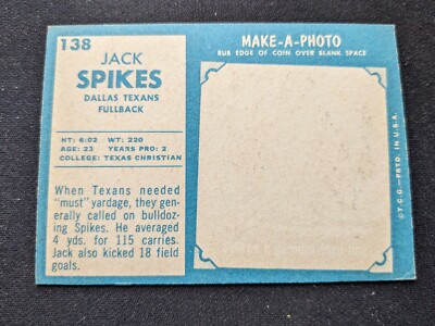 1961 Topps Football Card # 138 Jack Spikes - Dallas Texans (EX) | eBay