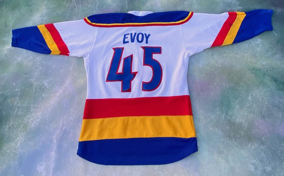 Camiseta de hóquei vintage Bend Bullets Evoy #45 tamanho Youth XL__FEITA NOS EUA. - Imagem 2 de 4