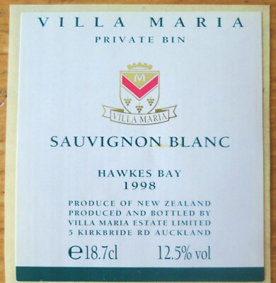NEW ZEALAND VILLA MARIA Sauvignon Blanc 98 Hawkes B wine labels wine labels