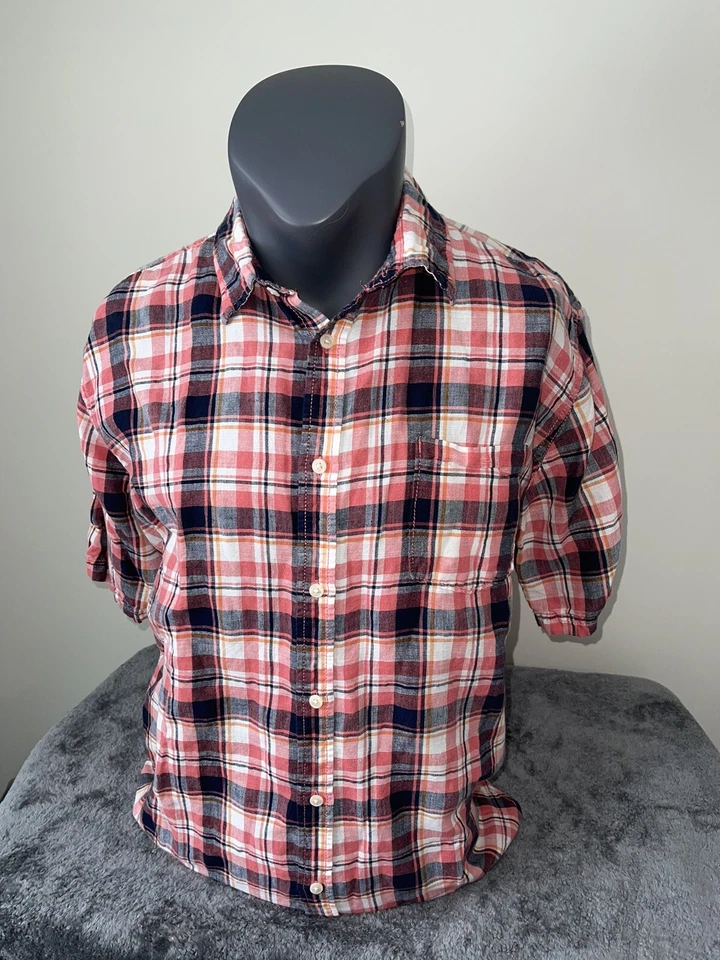 Camisa Croft & Barrow Para Hombres XL a Cuadros Lino Abotonada Coral Vacaciones de Verano 2154 Foto 2 de 4