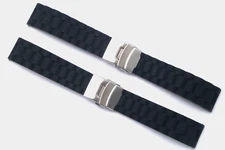 2x 20mm Black Rubber Replacement Men's Watch Band Silver Deployment Clasp Buckle