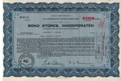 Bond Stores, Inc. - Original Stock Certificate - 1937 - S321
