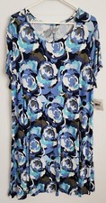 Falls Creek 2X Tent Dress Short Sl Bold Floral Blue White Ltwt Stretch Tee NWT