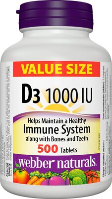 Webber Naturals Vitamin D3 1000 IU 500 Tablets For Healthy Bones Teeth and th...