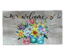 Spring Welcome Door Mat Hello Spring Floral Decor Colorful Tulip Flower 15" 27"