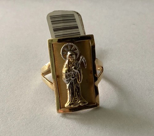 14k Yellow White Gold Santa Muerto Angel of Death Grim Reaper Ring Size 7 - Picture 5 of 12