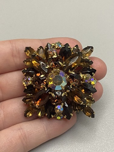 Vintage goldfarbene Topas Aurora Borealis Strass gestapelt Cluster Anstecknadel Brosche - Bild 3 von 5