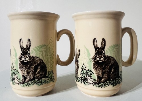 Vintage Pair of Churchill England Rabbits Coffee Tea Mug Brown Green Beige