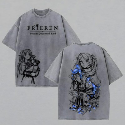 Fantasy Elf Anime Washed T-Shirt, Melancholic Anime Girl Back Print Tee, Soft Ae