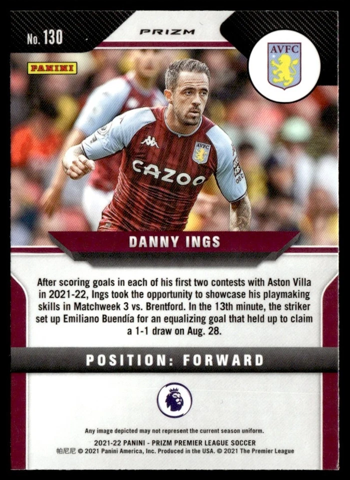 2021 Panini Prizm Premier League Silver Prizm Danny Ings Aston Villa #130 - Image 2 of 2