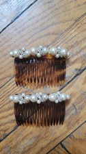 Pair of vintage French tortoise hair combs, faux pearls, rhinestones, gold tone