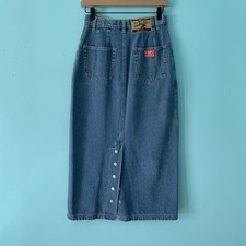 No Excuses Vintage Denim Skirt Pinup 9/10 Retro Midi Snap Back Rare Femme Fatale