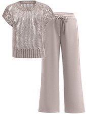 Women Two Piece Outfits Crochet Sheer Knit Sweater Top Wide Leg Pants Lounge ...