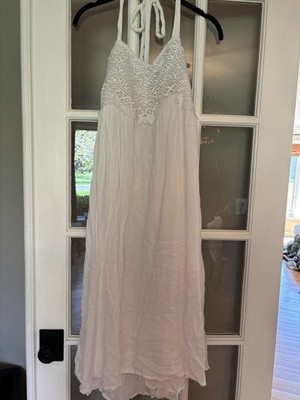 tularosa crochet dress White Solid V-Neck Sleeveless Maxi Lace Tie M NWT tie front Star Power Tulle Train Maxi dress Size:3XL +3