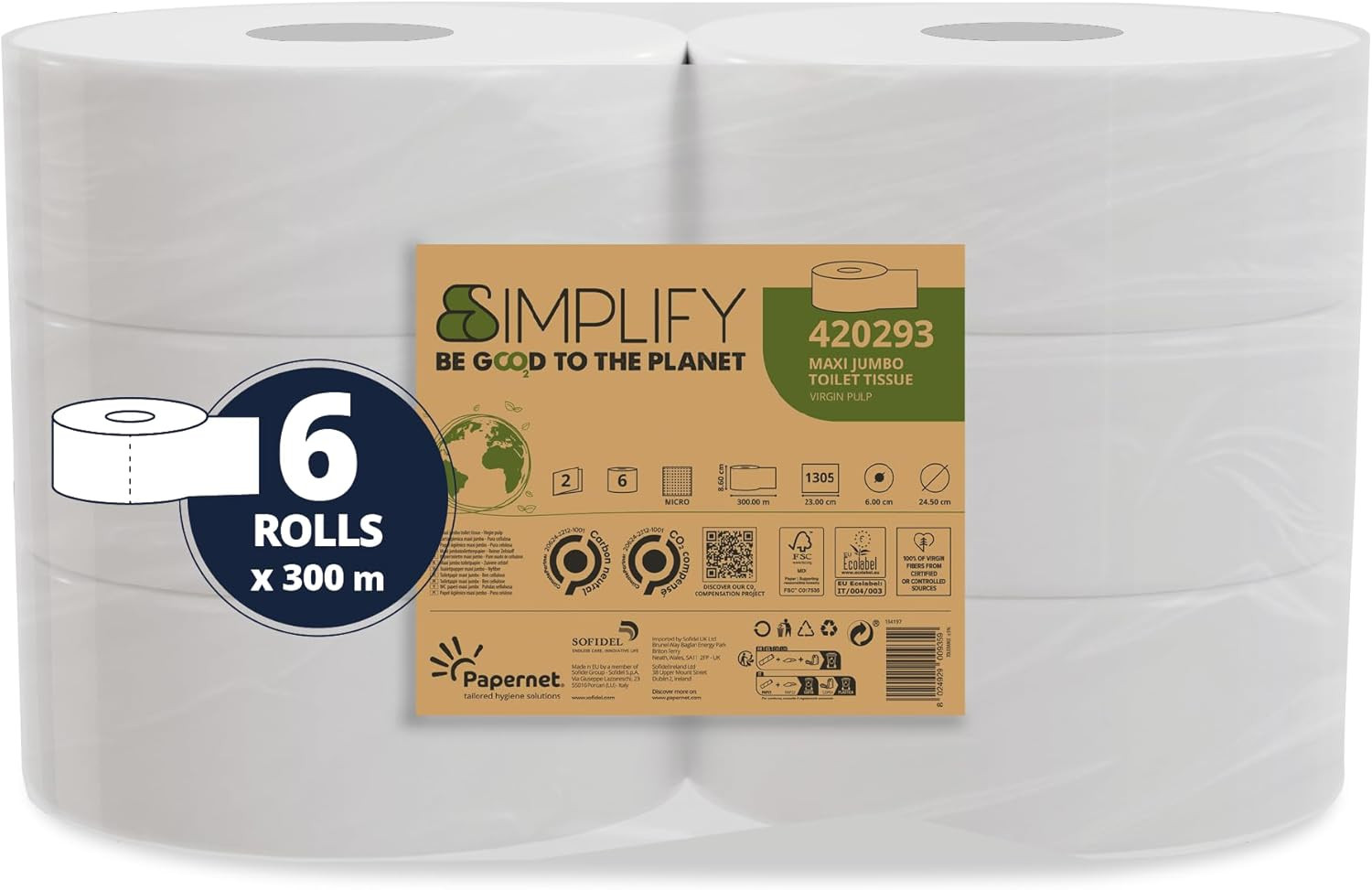 Carta Igienica Industriale Simplify 420293 Maxi Jumbo 6 Rotoli 2 Veli