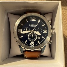 Fossil Herren Armbanduhr JR1504 Stahlgehäuse blaues Zifferblatt Lederarmband