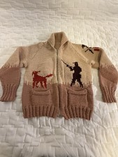 Vintage Rare Mens XL hand knit Cowichan Zip Up sweater with Pheasants and Hunter