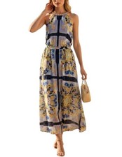 Bold Elements Cut to Curve Maxi Dress XL Chain Link Halter Blue Print