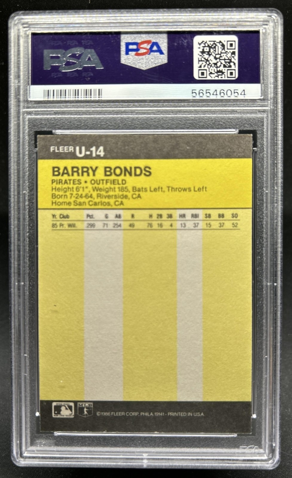 1986 Fleer Update Barry Bonds Rookie RC #U-14 Pirates PSA 9 view 2