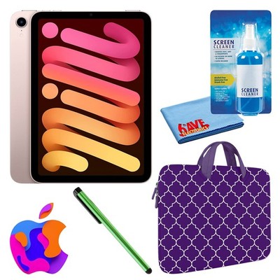 Apple iPad Mini 6 (64GB, Cellular, Pink) with Purple Moroccan Sleeve
