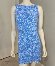 Mahi Gold Blue White Leaf Print Smooth Stretch Mini Sheath Hawaiian Tropical XS