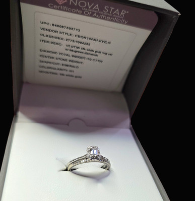 NOVA STAR 10K White Gold Lab-Grown Emerald Cut Halo Diamond Ring Set Sz 7 