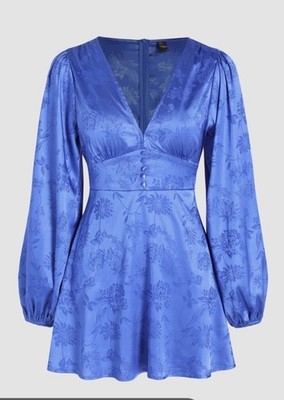 NWT Cider Dress XL Blue Satin Jacquard Corset Floral Button Front Long Sleeve