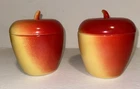 2 Vintage 1947 Hazel Atlas Milk Glass Jam Jelly Jars Red Yellow Apples