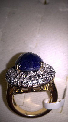 Gefärbtes Saphir Schachbrett Oval mit weißem Topas rund/14K Gelbgold Beschichtung