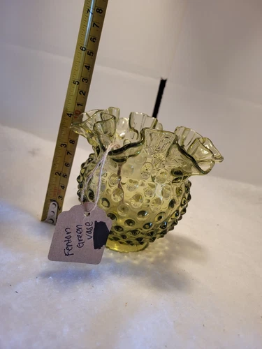 Vintage Fenton Ruffled Glass Hobnail Olive Green Vase Tealight Votive Holder 4”