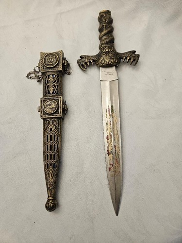Brass Blue EUC Medieval Dagger Sword Fantasy Gothic Knight Dragon