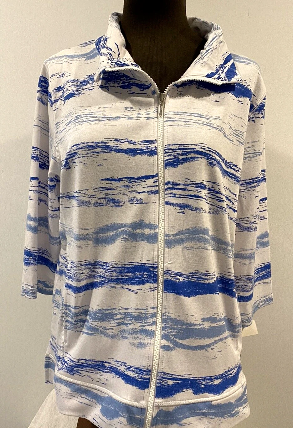 LINKS Sz. M NWT lightweight casual full zip front pockets white/blues "hoodie"