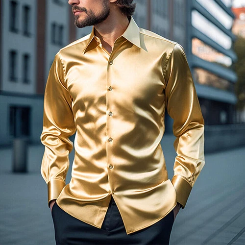 Herren Satin Hemd Tanzen Oberteile Hochglanz Kleid Langarm Hochzeit Freizeithemden Neu - Bild 14 von 25