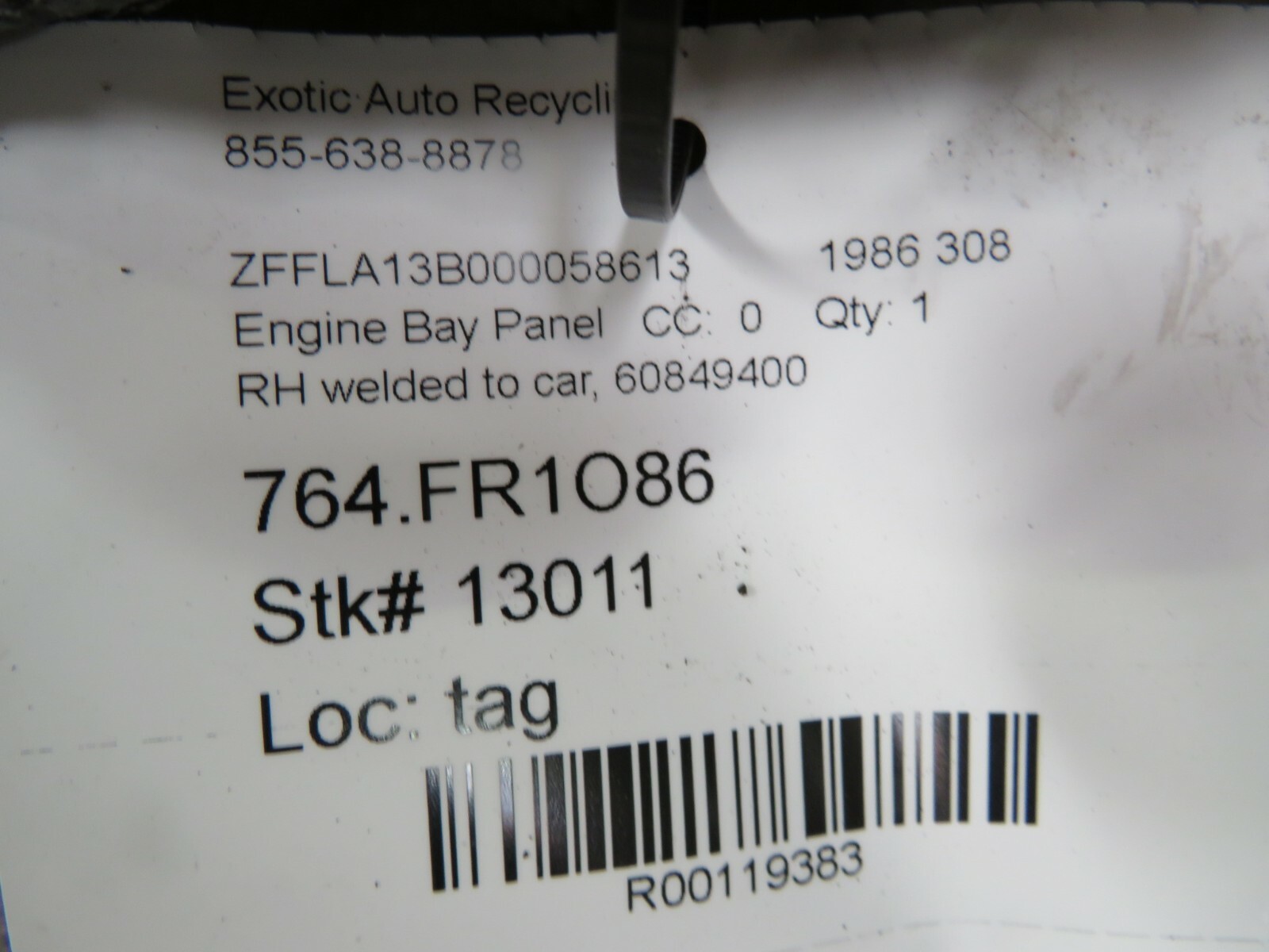 Ferrari 308, RH, Right Engine Bay panel, Used, P/N 60849400