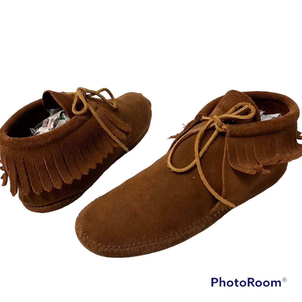 Minnetonka Brown SUEDE Moccasin Leather Soft Sole FRINGE Boot FESTIVAL Shoes 11