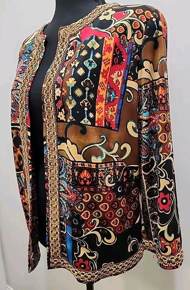 Chaqueta Joan Rivers Talla S Marrón Retazos Recortada Artística Blazer Glam Ribete Cinta Foto 3 de 4