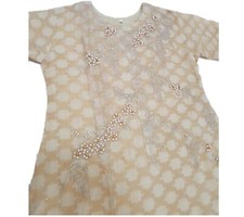 Women Kurta Pakistani Indian Kurti Beige With Beautiful Flowers Embroidery