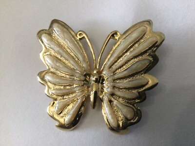 Vintage Signed AAI Beige Enamel and Gold Tone Butterfly Brooch