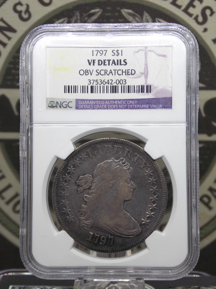 1797 Draped BUST Silver One Dollar 9X7 Stars Lg Letters $1 NGC VF Details #003 - Image 3 of 4