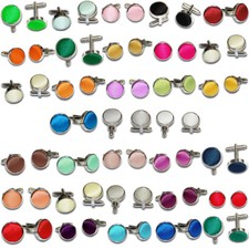 Mens Premium Cufflinks Plain Satin Fabric Inlay Wedding Silver Plated Cuff Links