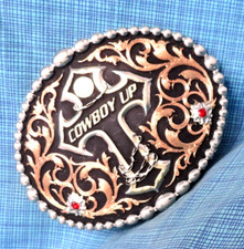 Cowboy Up Cross Belt Buckle Large Christian Religious Scroll  Red Gems .NOX982